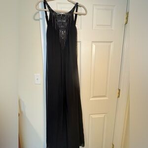 Black Beaded Chiffon Maxi Dress Boho Evening Formal Flowy size2